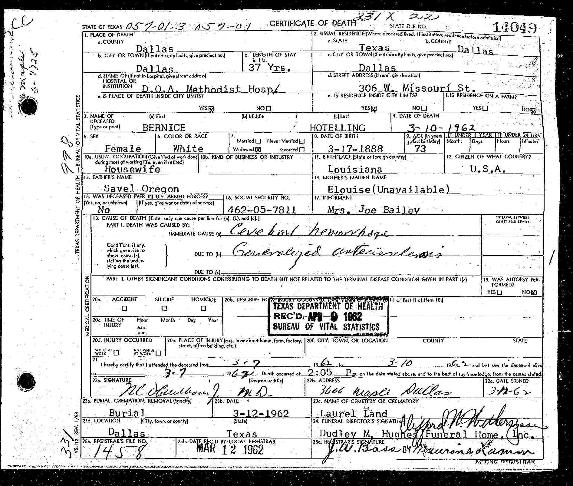 Bernice Death Certificate