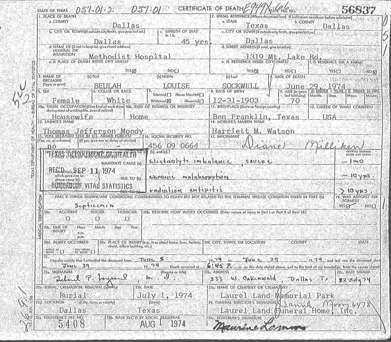 Beulah (Moody) Sockwell Death Certificate
