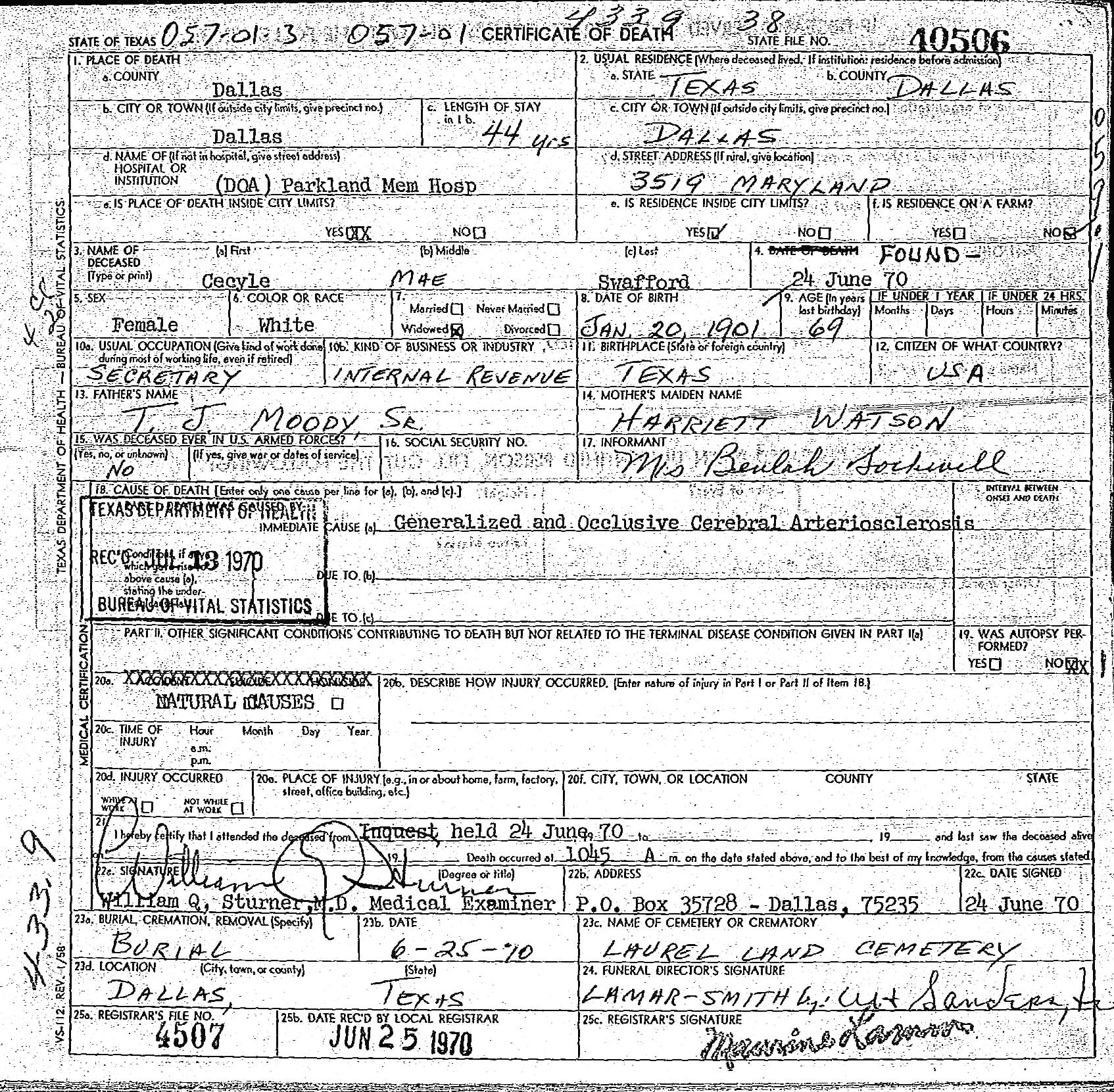 Cecyle (Moody) Swofford Death Certificate