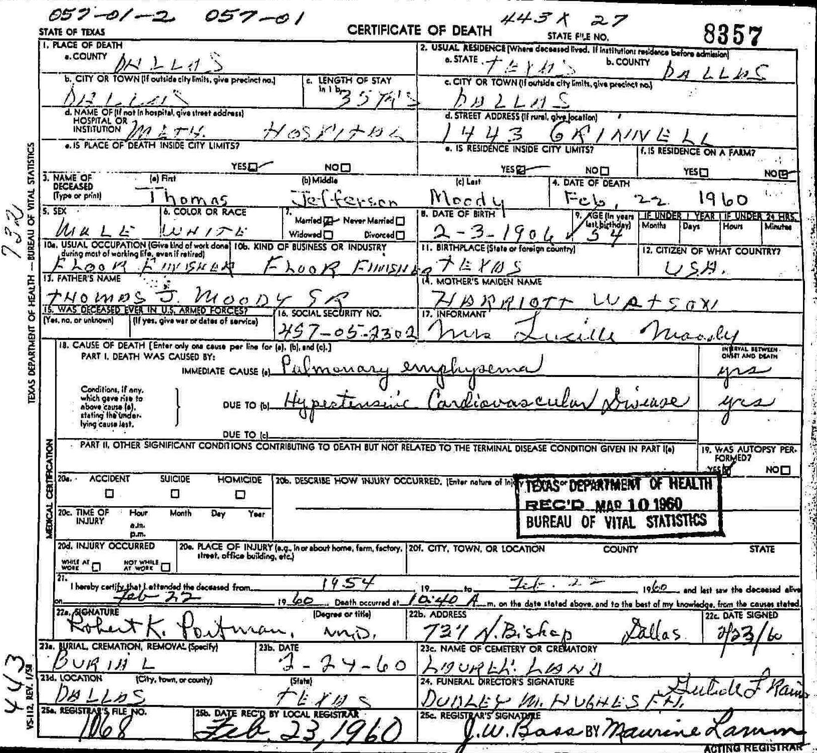 T J Moody, Jr. Death Certificate