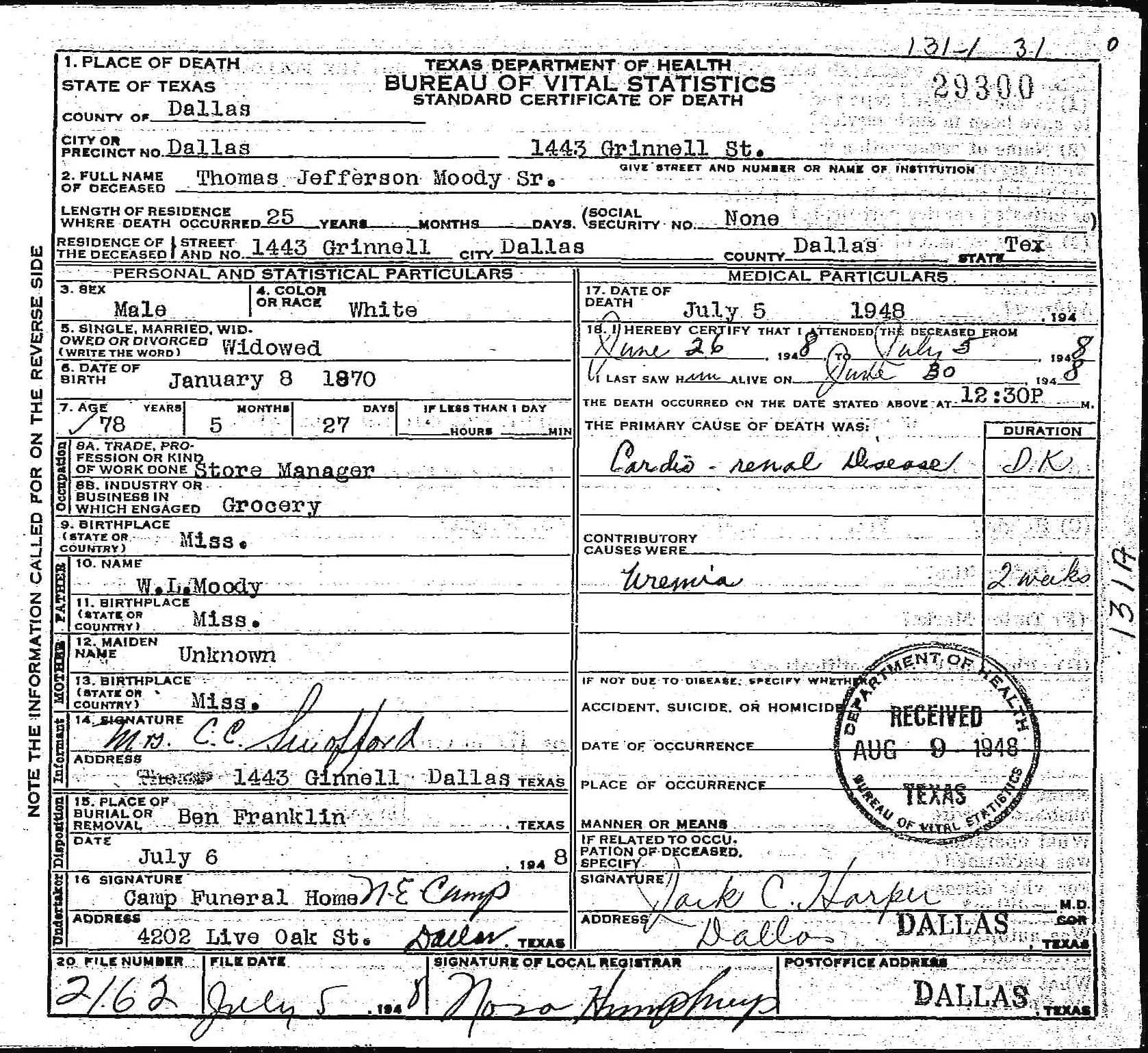Thomas Moody Sr. Death Certificate