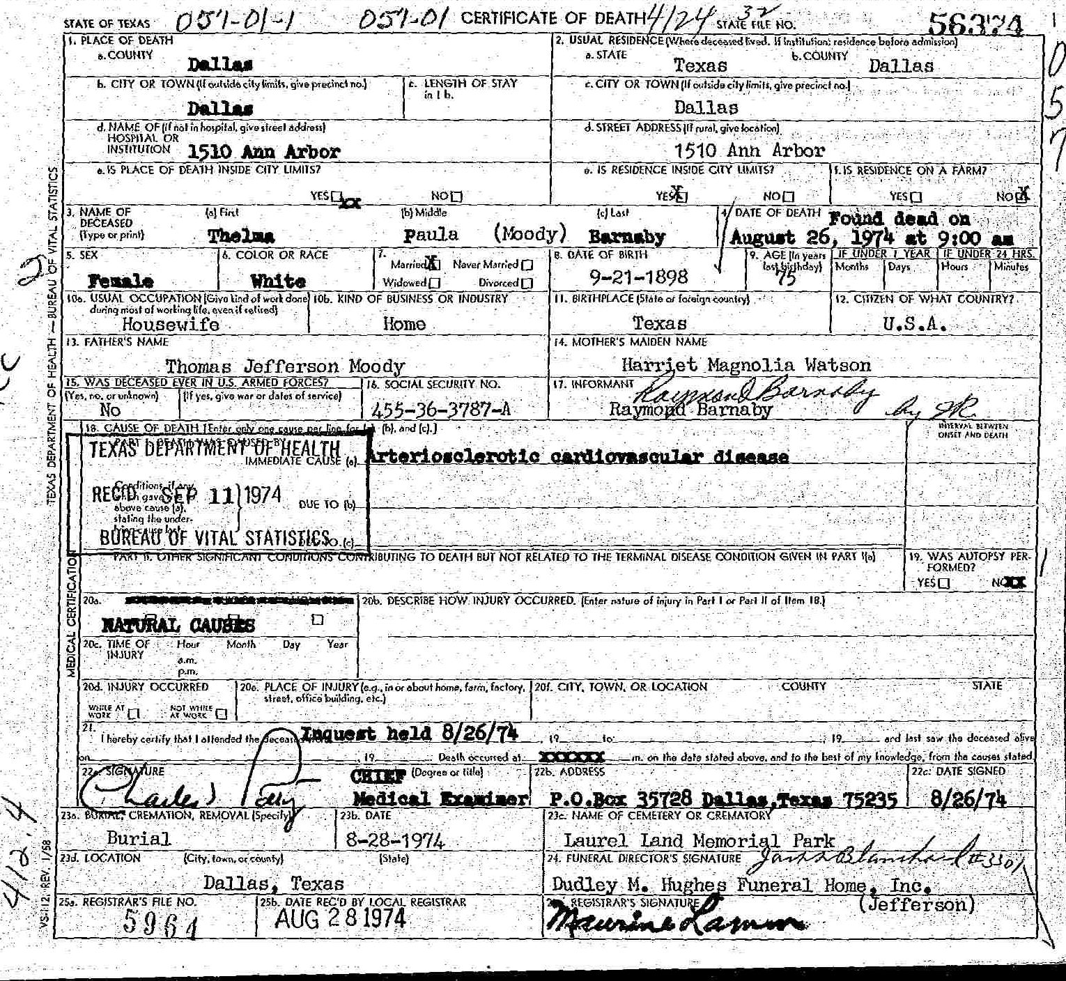 Thelma (Moody) Barnaby Death Certificate